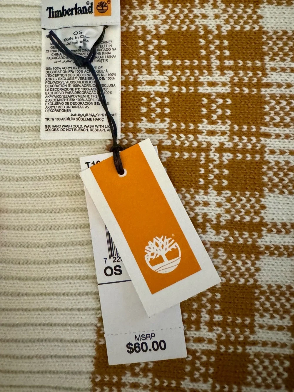 Timberland Plaid Knit Scarf Cream Camel NWT 63” Cozy Winter